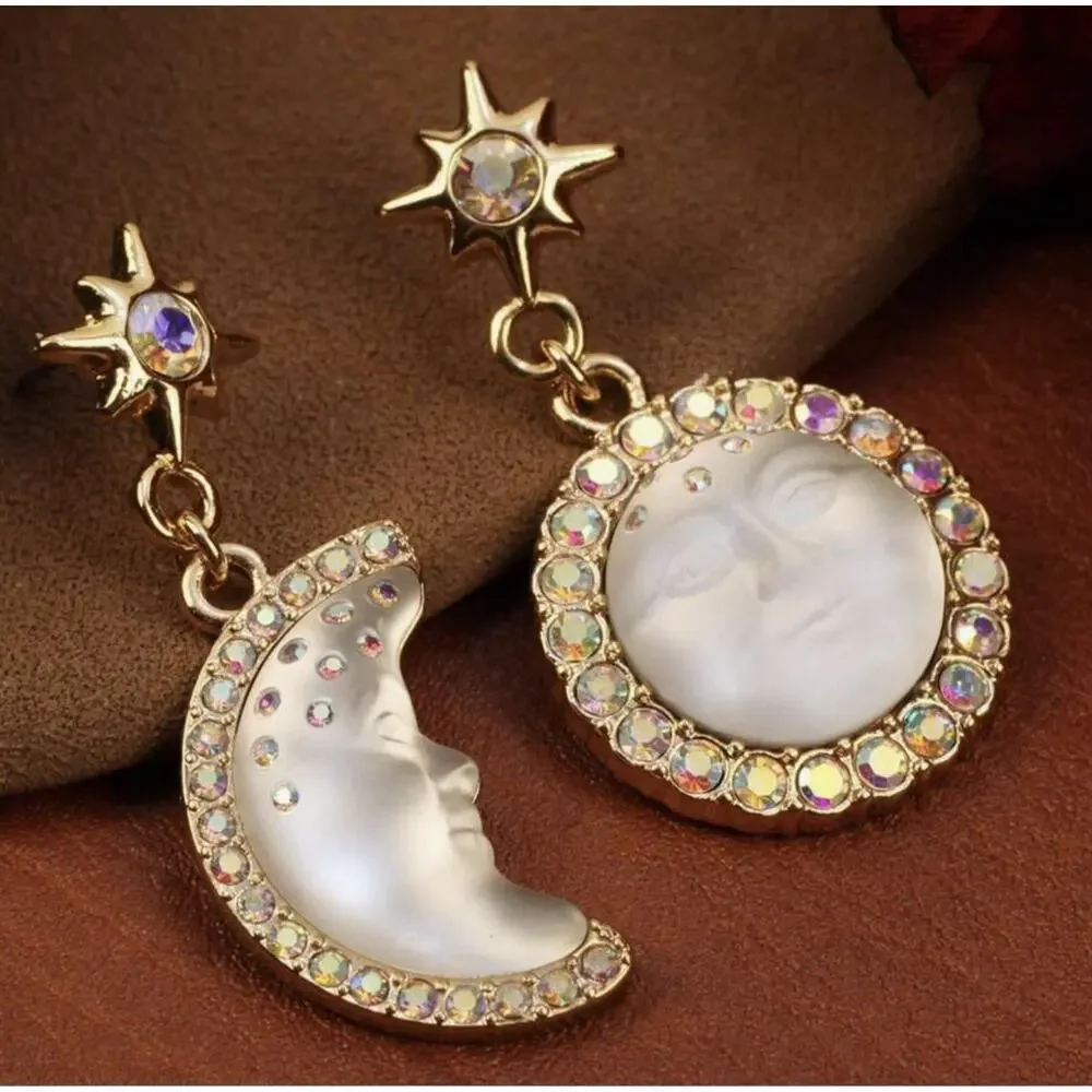 Sun Moon Star Earrings Face Mismatch Gold Deco Celestial Glass CZ Asymmetric